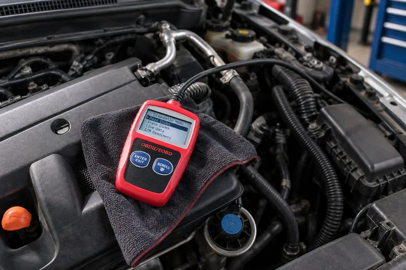 Scanner OBD2 portabil și cablu de diagnoză lângă un motor