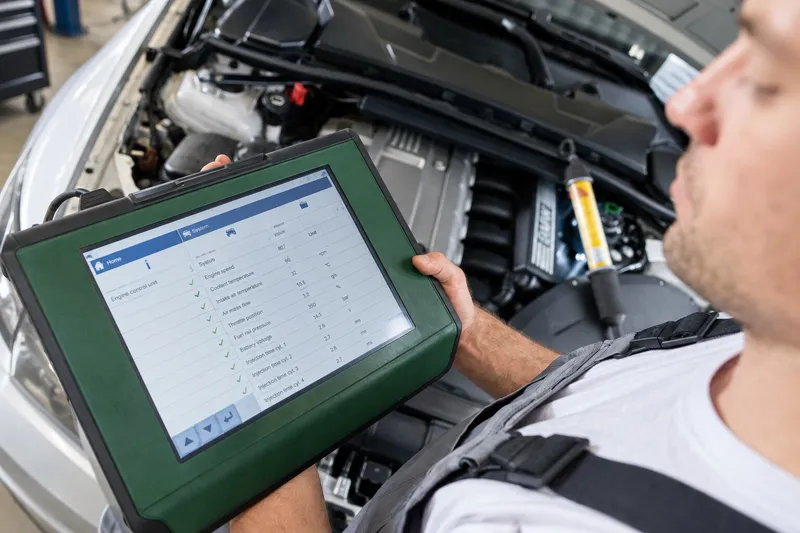 Tehnician care verifică o mașină cu un tester multimarcă, lângă motorul deschis